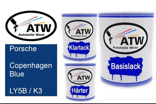 Porsche, Copenhagen Blue, LY5B / K3: 1L Lackdose + 1L Klarlack + 500ml Härter - Set, von ATW Autoteile West.